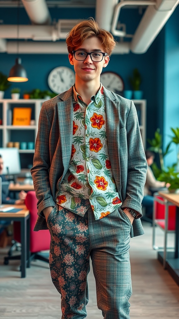 A young man wearing a floral shirt and patterned suit in an office setting.