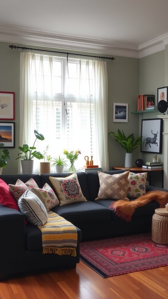 Living room featuring a black couch with mixed pattern pillows, a vibrant rug, and green plants.