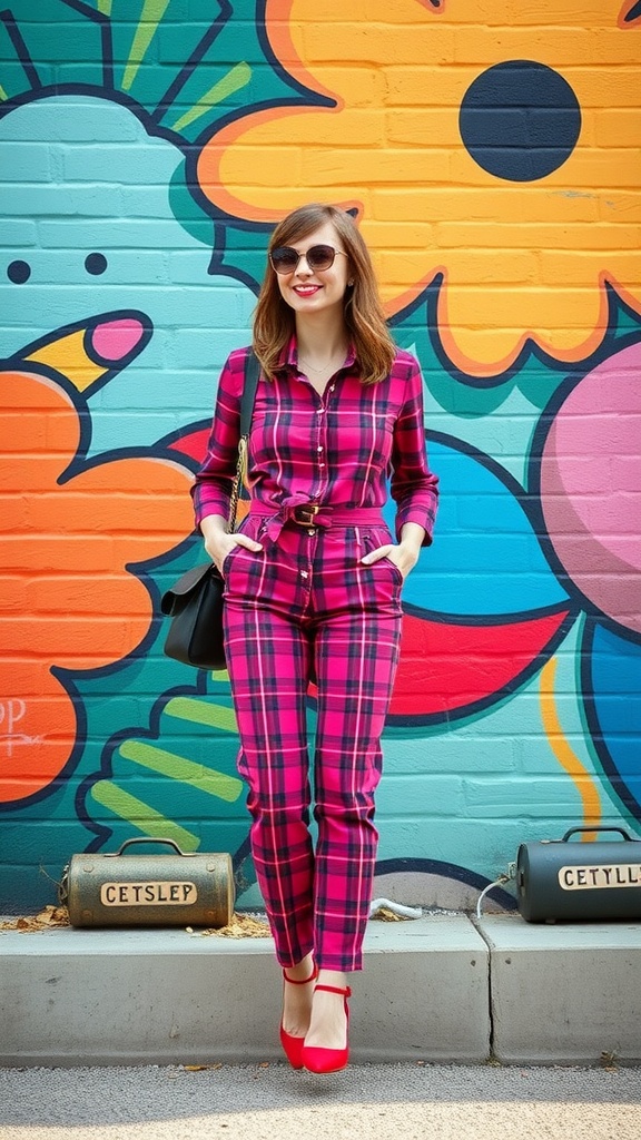 A woman in a pink plaid outfit stands in front of a colorful mural.