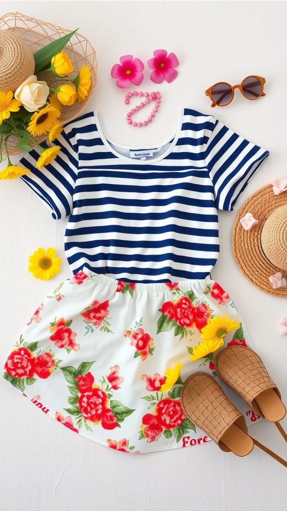 A casual summer outfit featuring a striped top and a floral skirt, accompanied by accessories like sunglasses, a hat, and flowers.
