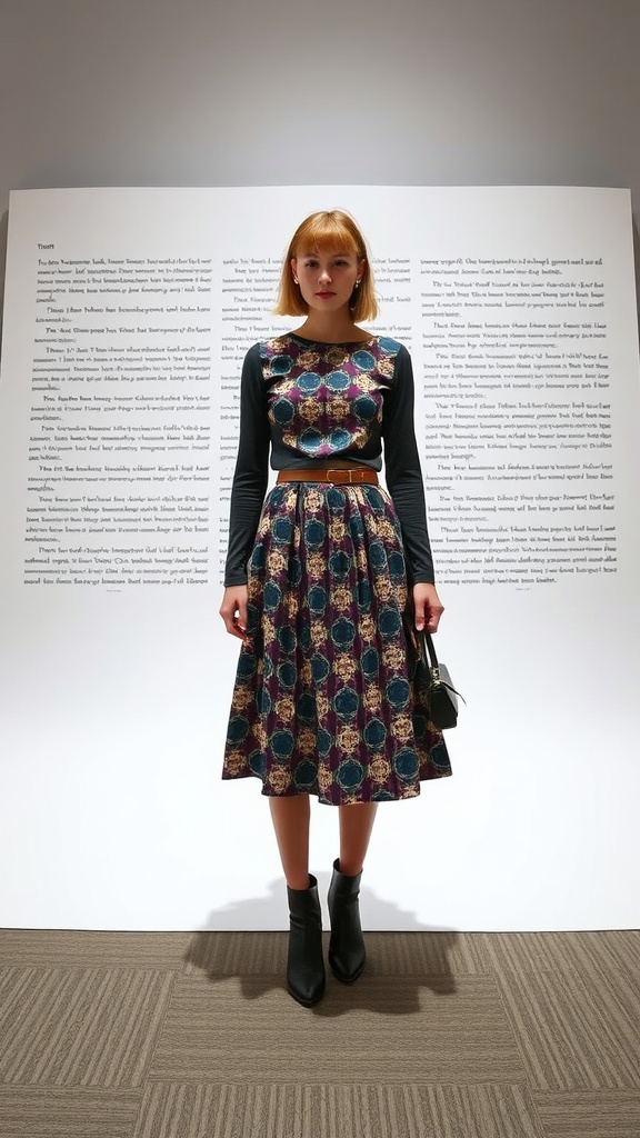 A model wearing a patterned midi skirt with a fitted top and ankle boots, showcasing a stylish mix of patterns.