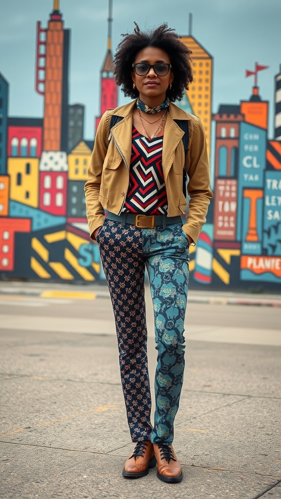 A person wearing mixed patterned clothing standing in front of a colorful city mural.
