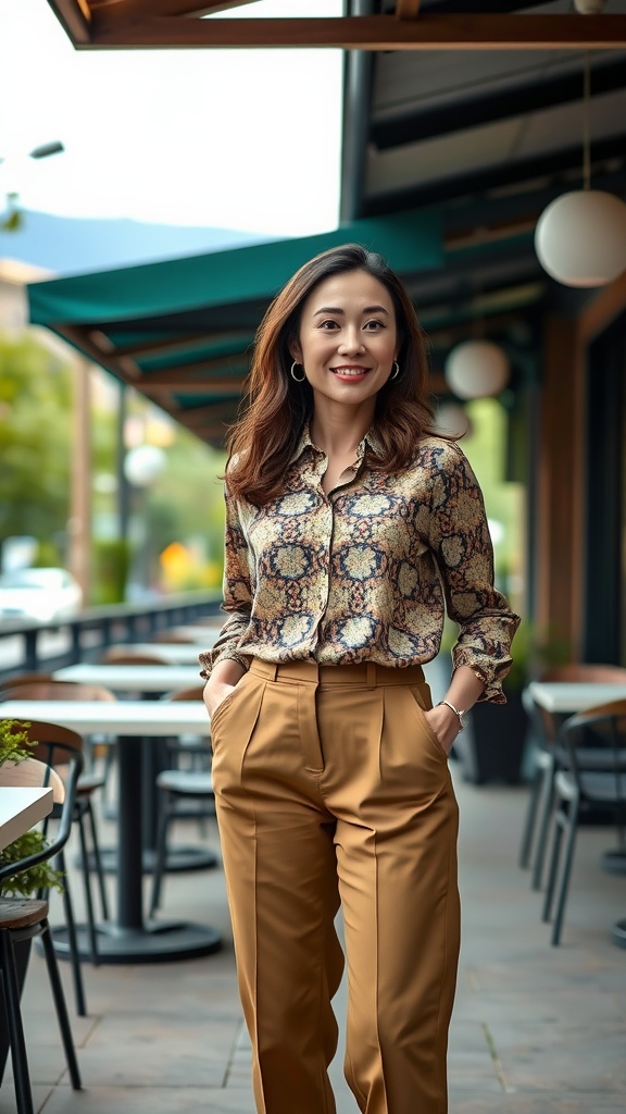 A woman in a patterned blouse and tan trousers smiling outdoors at a café.