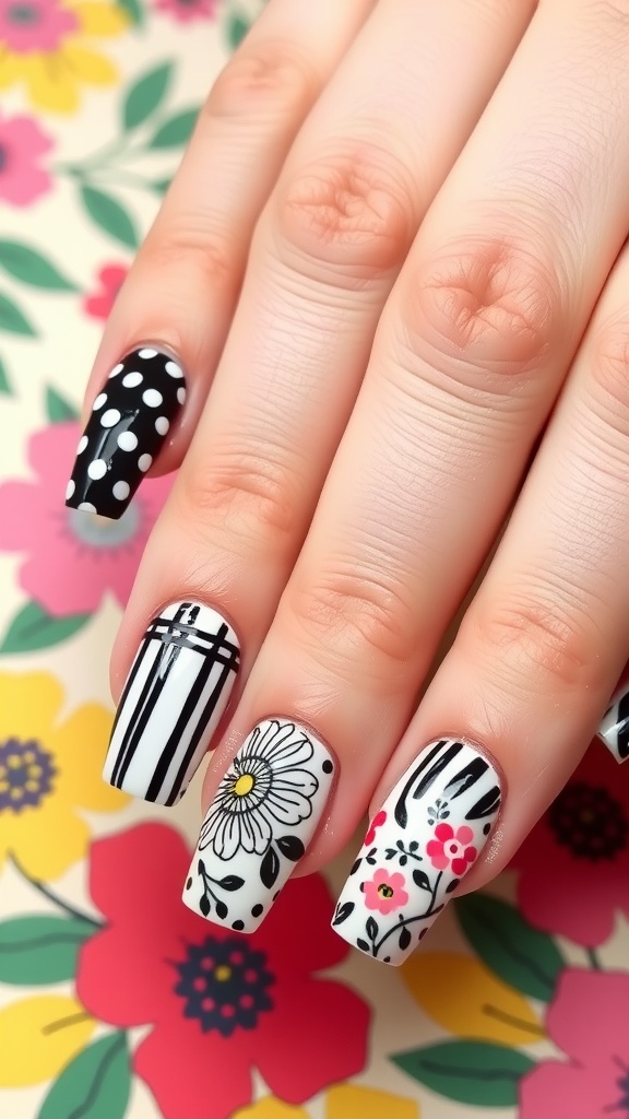 Nails featuring black and white polka dots, floral designs, and stripes on a colorful background.