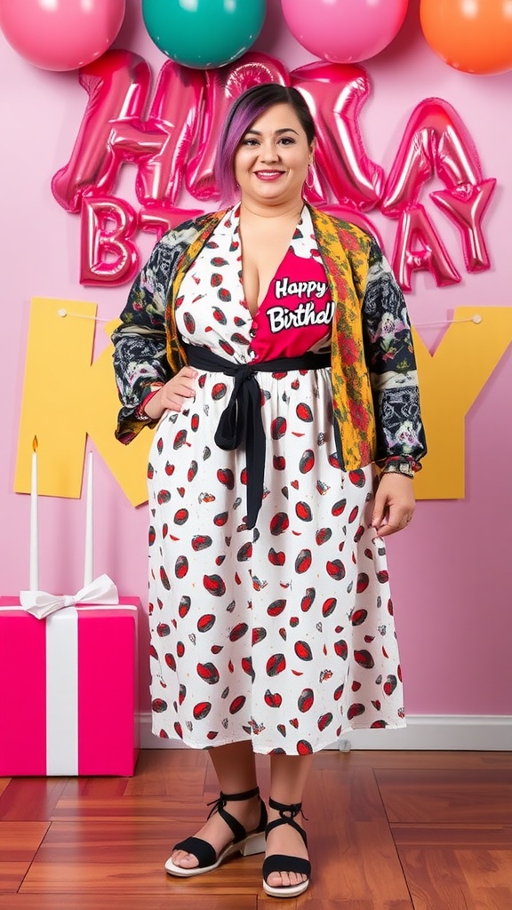 A plus-size woman in a fun birthday outfit featuring a strawberry print dress and patterned kimono, celebrating with balloons and decorations.