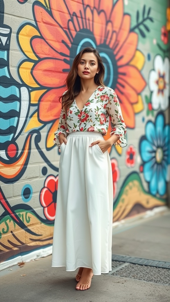 A woman wearing a floral top and a white maxi skirt standing in front of a colorful mural.
