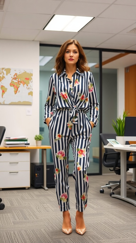Model in a striped and floral jumpsuit in an office setting.