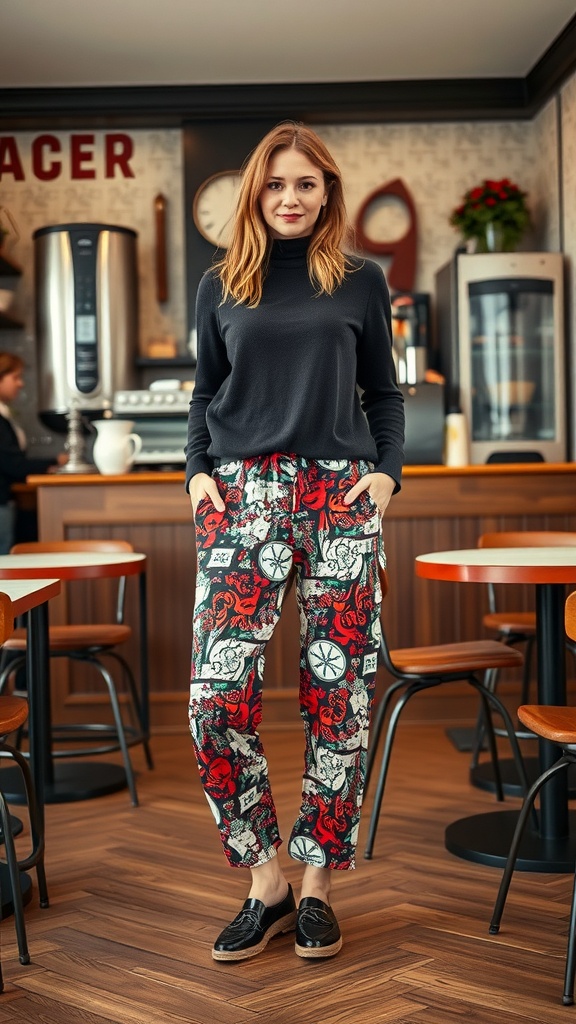 A woman wearing a black turtleneck and patterned jogger pants stands in a stylish cafe.