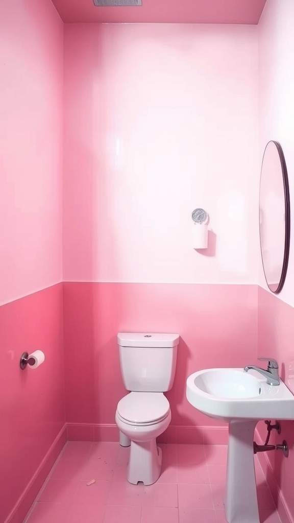A pink bathroom featuring varying shades of pink on the walls.