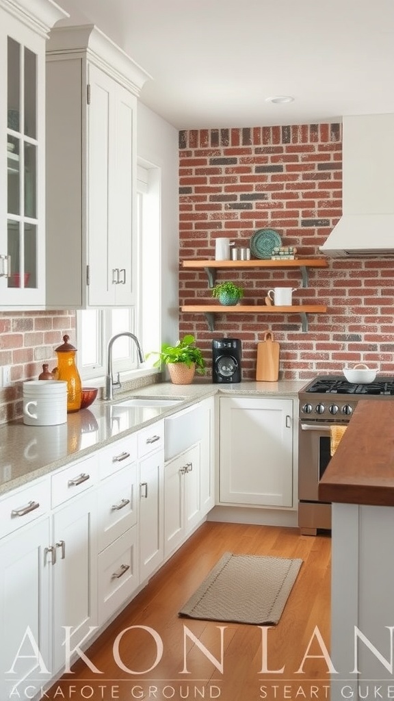 A farmhouse kitchen featuring a brick backsplash, white cabinets, and wooden accents.