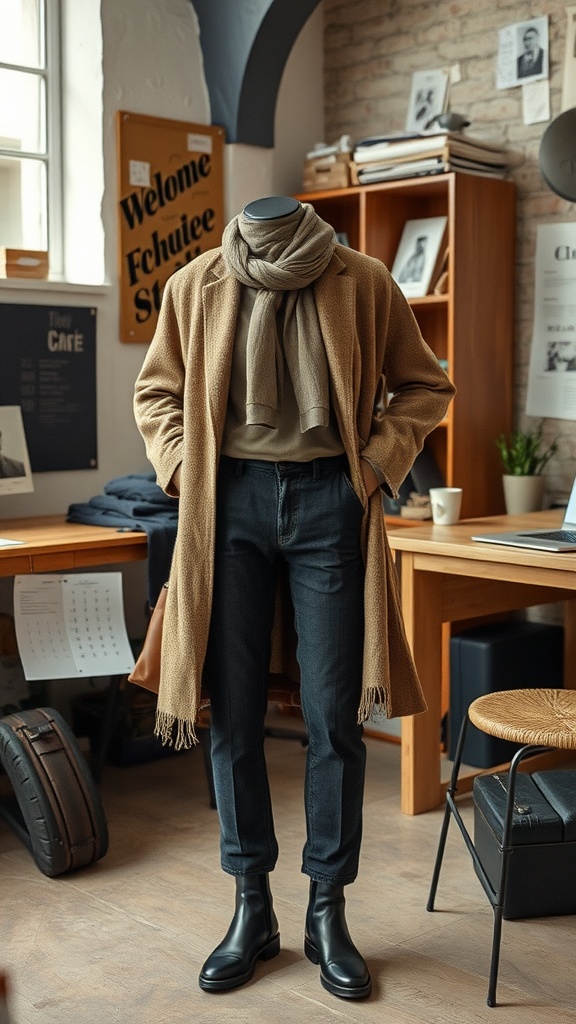 A business casual outfit featuring a knitted coat, scarf, fitted top, dark jeans, and black boots displayed in a cozy workspace.