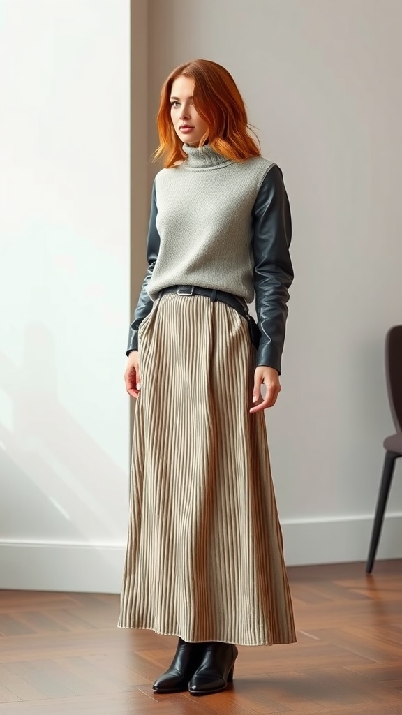 A woman wearing a long ribbed skirt with a cozy knit top that has leather sleeves, standing in a stylish indoor setting.