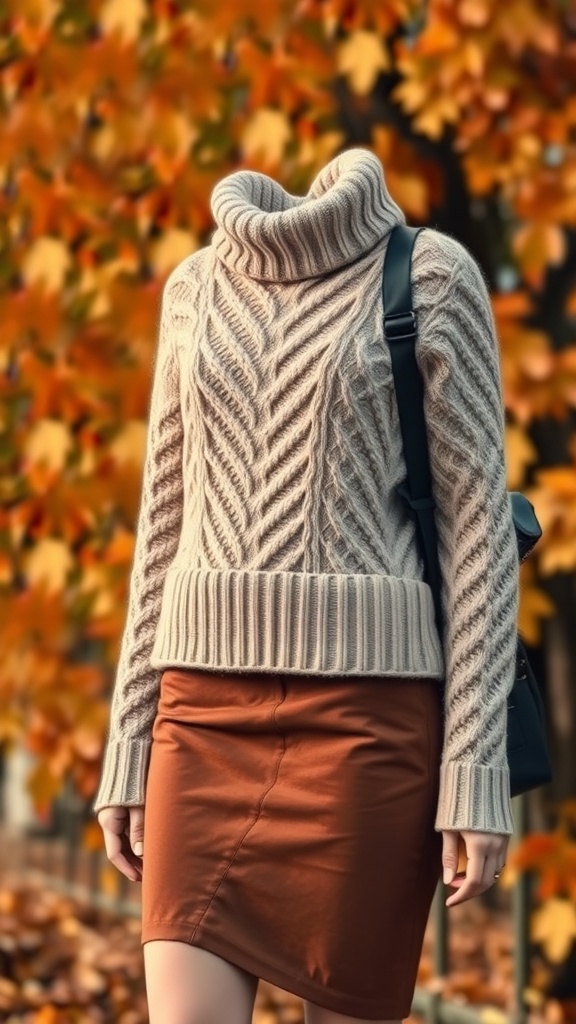 A cozy beige knit sweater paired with a brown fitted skirt, set against a backdrop of autumn leaves.