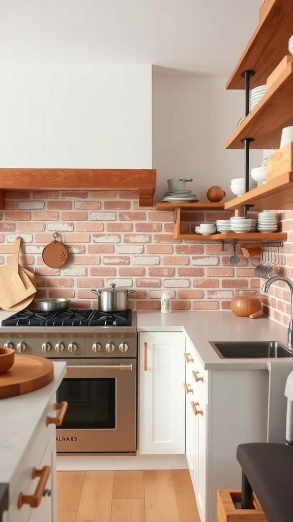 A farmhouse kitchen featuring a brick backsplash, wooden shelves, and stainless steel appliances.