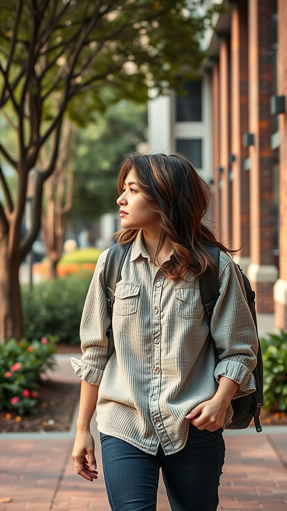 A college student walking on campus wearing a ribbed shirt and denim jeans, carrying a backpack.