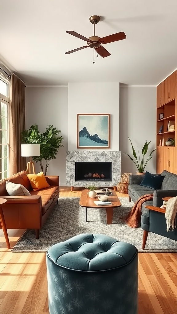 A mid-century modern living room featuring a mix of textures with leather sofas, a marble fireplace, and a plush rug.