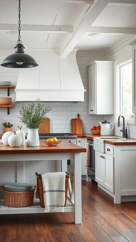 A white farmhouse kitchen with a blend of textures, featuring wooden countertops, woven baskets, and a black pendant light.