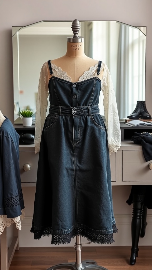 Black denim skirt displayed on a mannequin with lace sleeves.