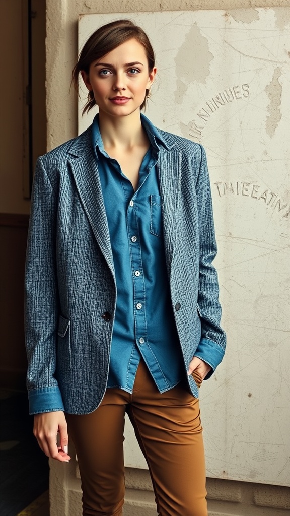 A woman wearing a textured blazer, a blue shirt, and brown pants, standing confidently.