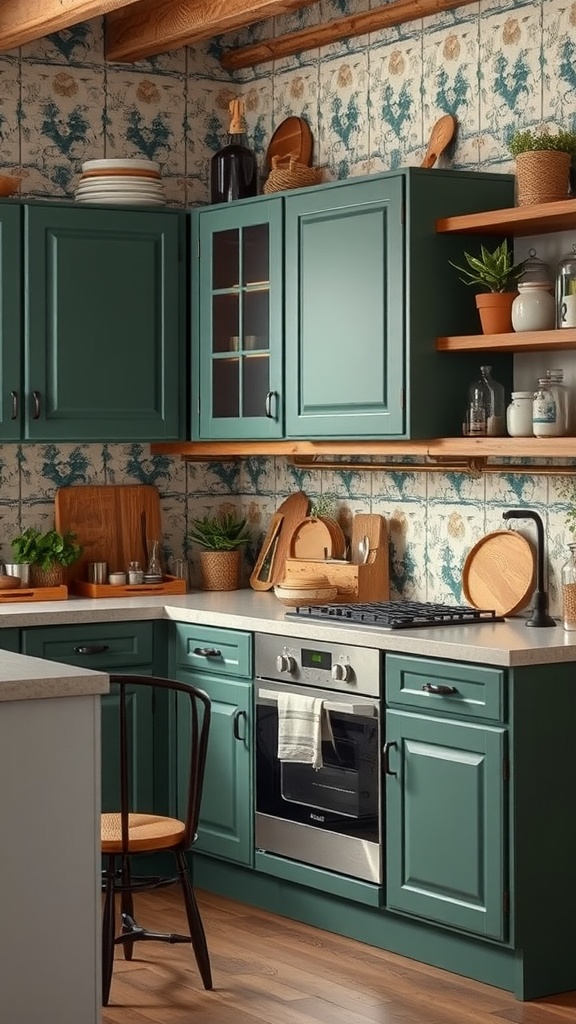 A cozy kitchen featuring rich green cabinets, wooden shelves, and patterned wallpaper, creating a warm and inviting space.