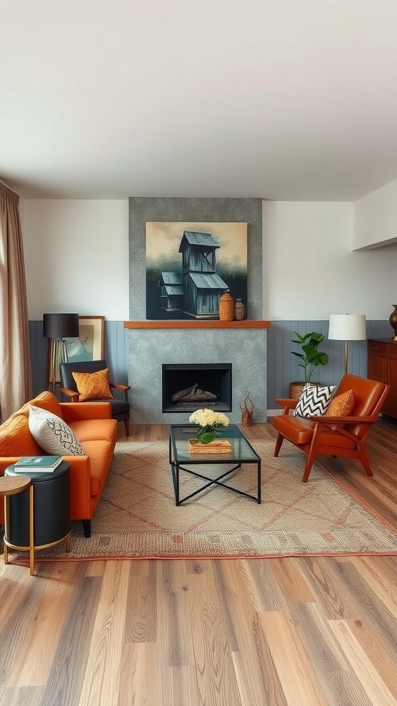 A mid-century modern living room with a mix of wood, metal, and fabric textures.