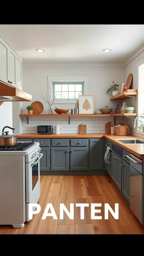 A modern farmhouse kitchen with gray cabinets, wood countertops, and open shelving.