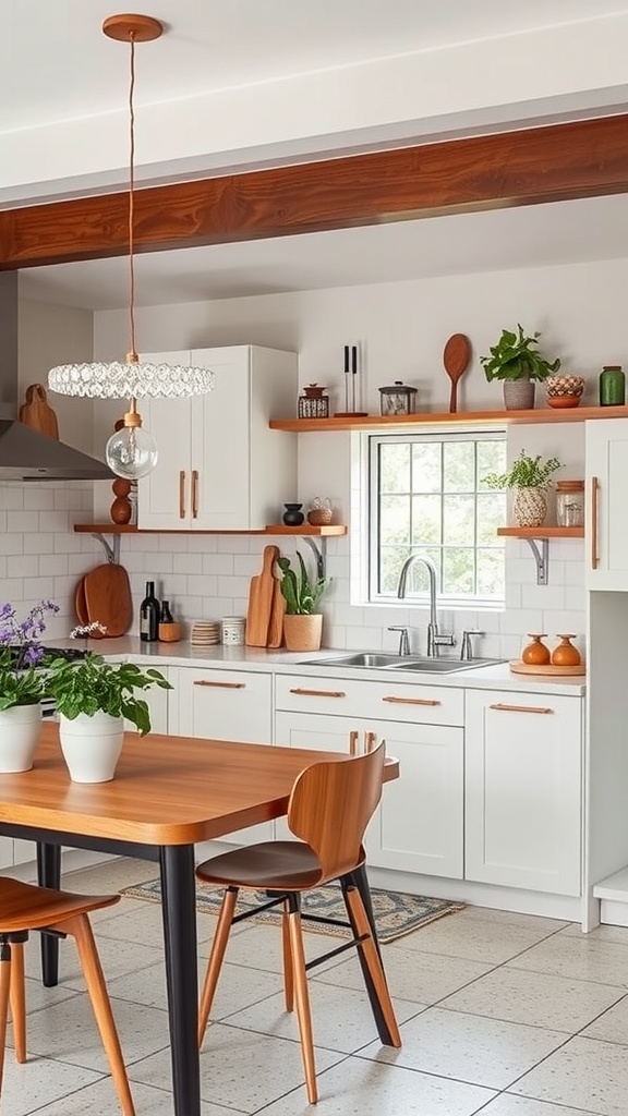 A mid-century modern kitchen featuring warm wood accents, white cabinetry, and stylish decor.