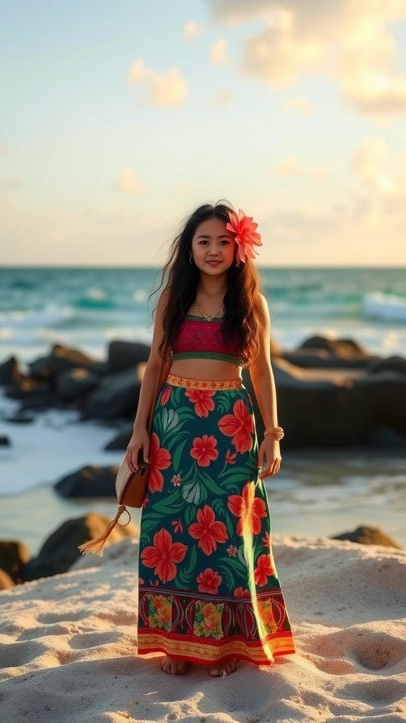 A girl dressed in Moana's outfit standing on the beach with ocean waves in the background