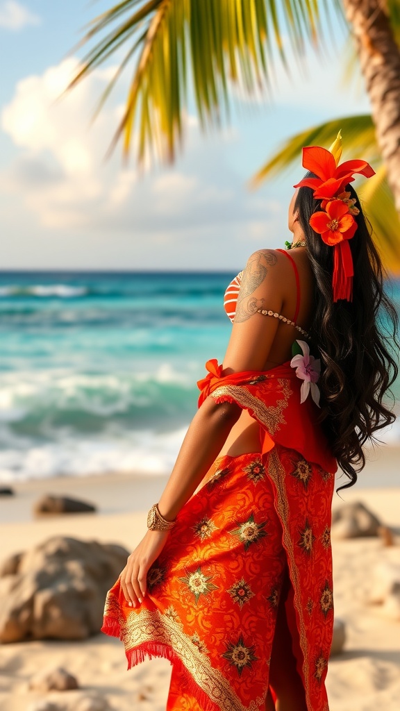 A woman in a vibrant red outfit with floral accents, standing on a beach with ocean waves in the background.