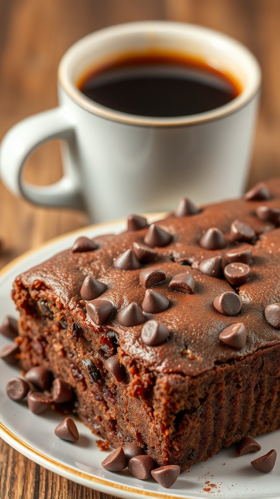 Delicious mocha coffee cake with chocolate chips served with a cup of coffee.