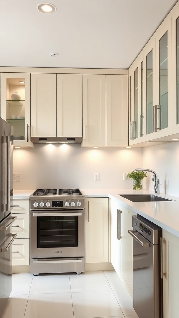 A modern kitchen featuring cream cabinets with glass accents, stainless steel appliances, and a bright, inviting atmosphere.