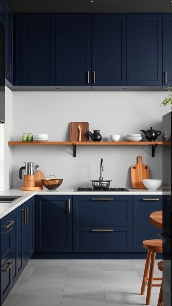 Modern kitchen with navy blue cabinets, white countertop, and wooden accents