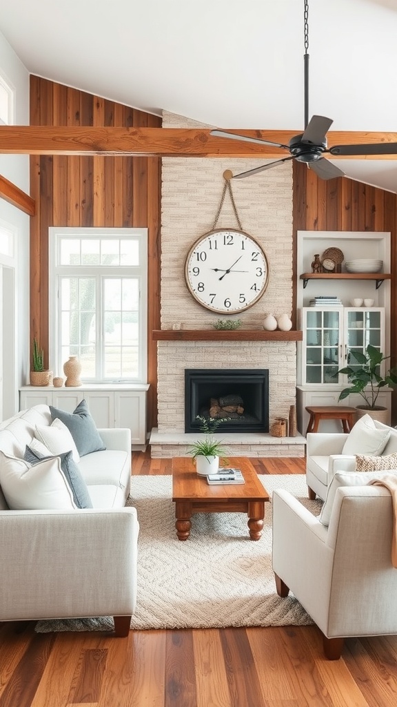 A cozy modern farmhouse living room with wooden beams, a stone fireplace, and comfortable sofas.