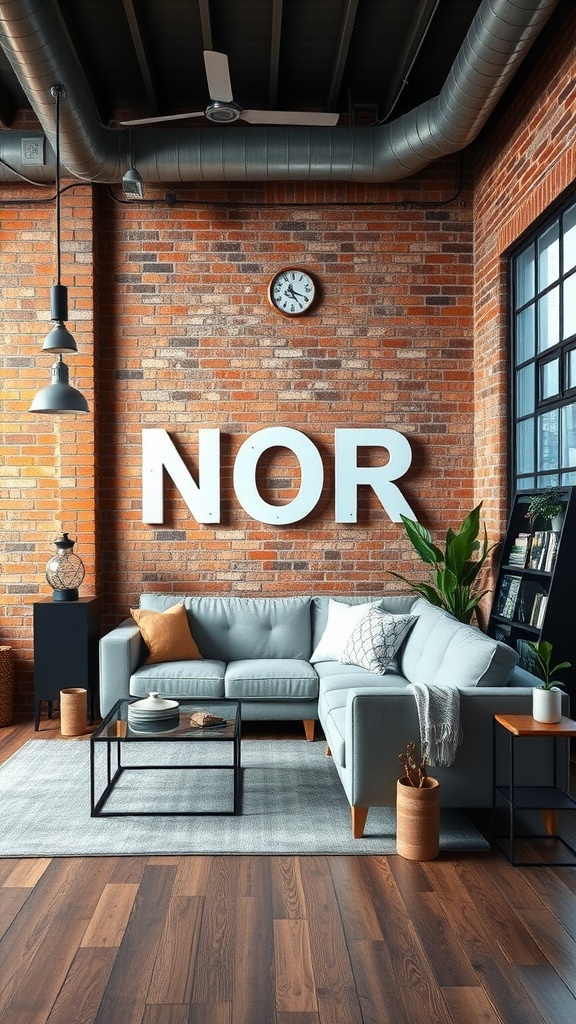 Modern living room with industrial style featuring a gray sectional sofa, red brick wall, and glass coffee table