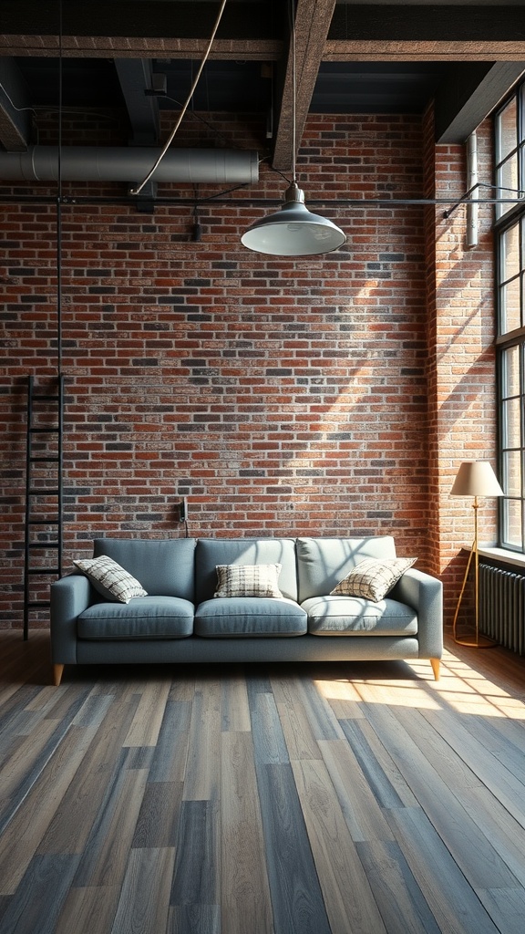 Modern industrial living room featuring a grey sofa, brick wall, and wooden flooring.
