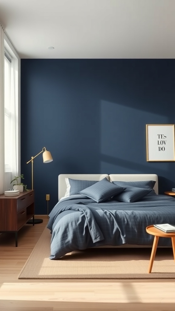 A modern minimalist navy blue bedroom with a cozy bed and stylish decor.