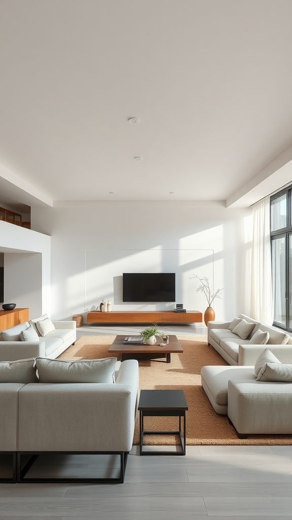 A modern minimalist living room featuring light-colored sofas, a wooden coffee table, and large windows allowing natural light.