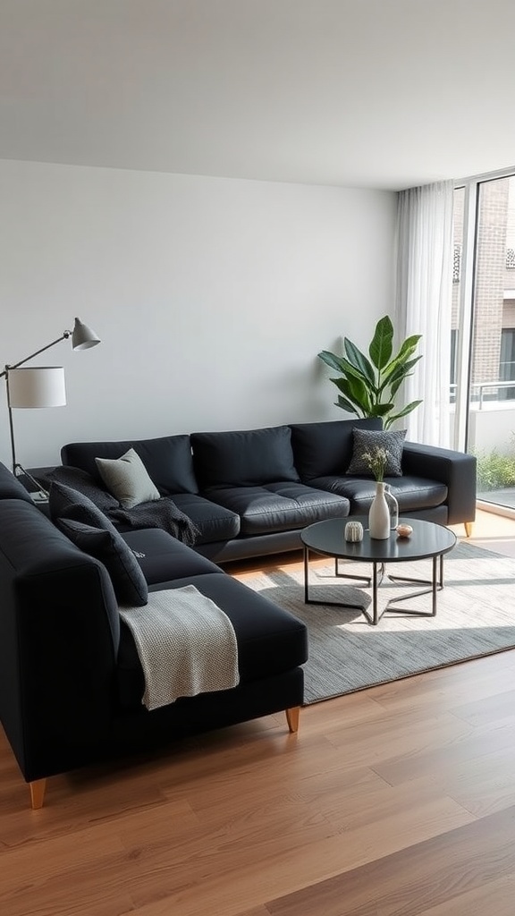 Modern minimalist living room featuring a black sectional couch, round coffee table, and natural light from large windows.