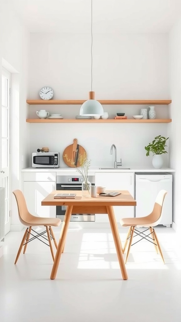 A modern minimalistic kitchen table with two chairs, featuring a light wood finish and simple decor.