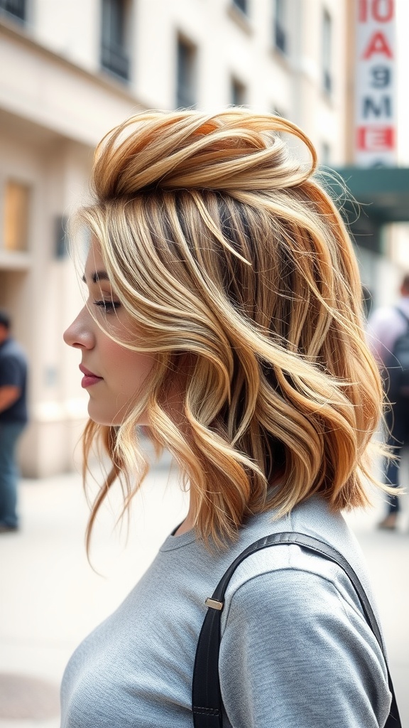 A woman with a modern mullet hairstyle featuring textured layers, showcasing volume and waves.