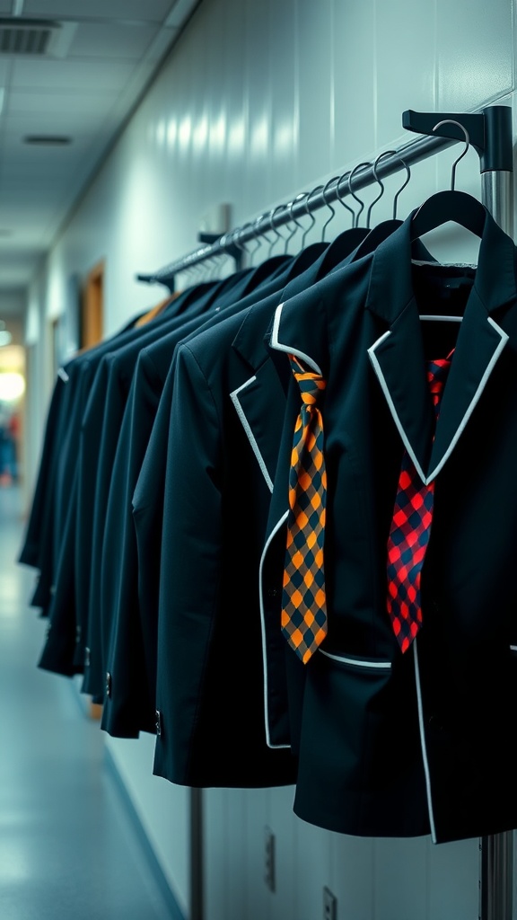 Hanging black school blazers with colorful neckties in a school hallway