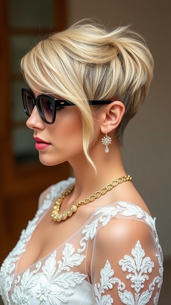 Bride with modern shag hairstyle, wearing sunglasses and bold accessories
