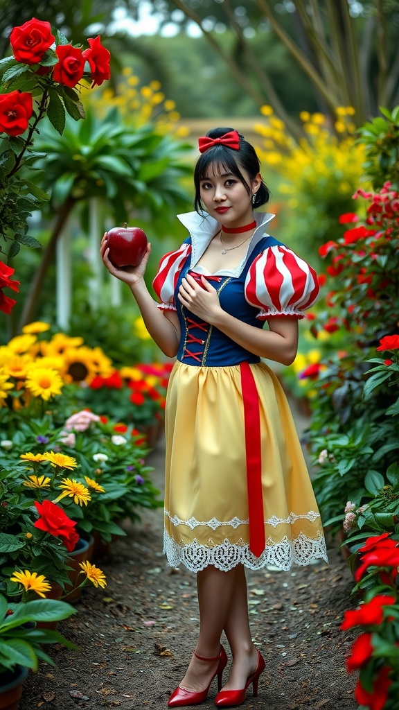 A woman in a modern Snow White-inspired outfit, holding a red apple in a flower-filled garden.