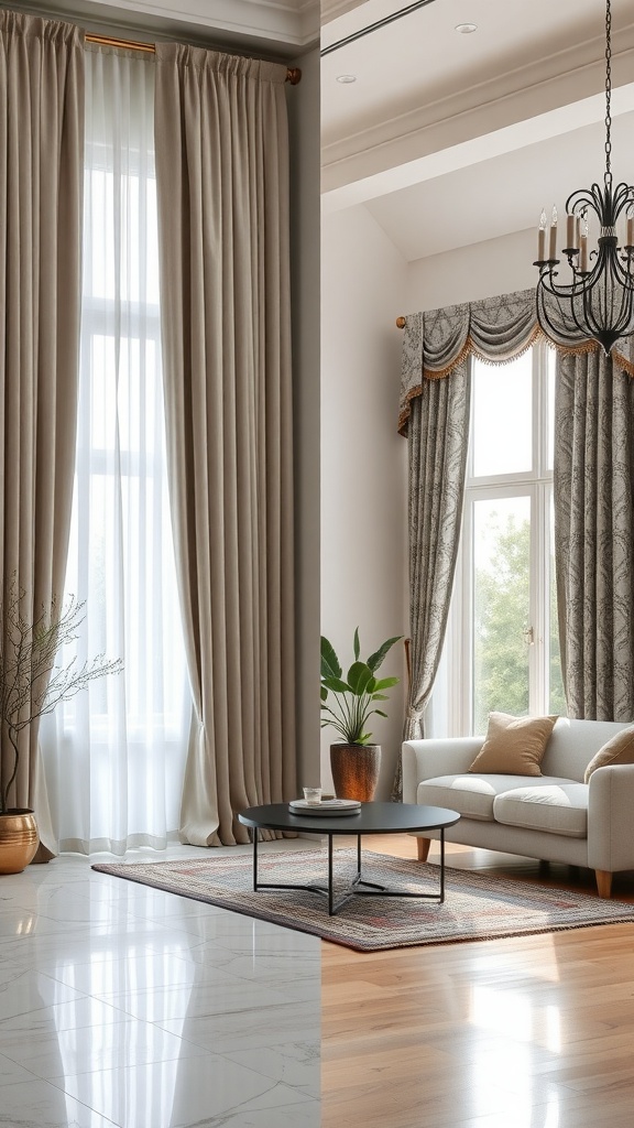 A living room showcasing modern curtains on one side and traditional curtains on the other.