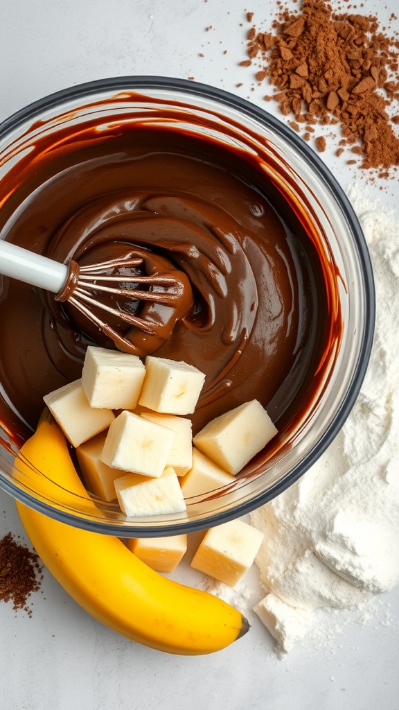 A bowl of chocolate batter with chunks of banana and cubes of butter, surrounded by flour and cocoa powder.