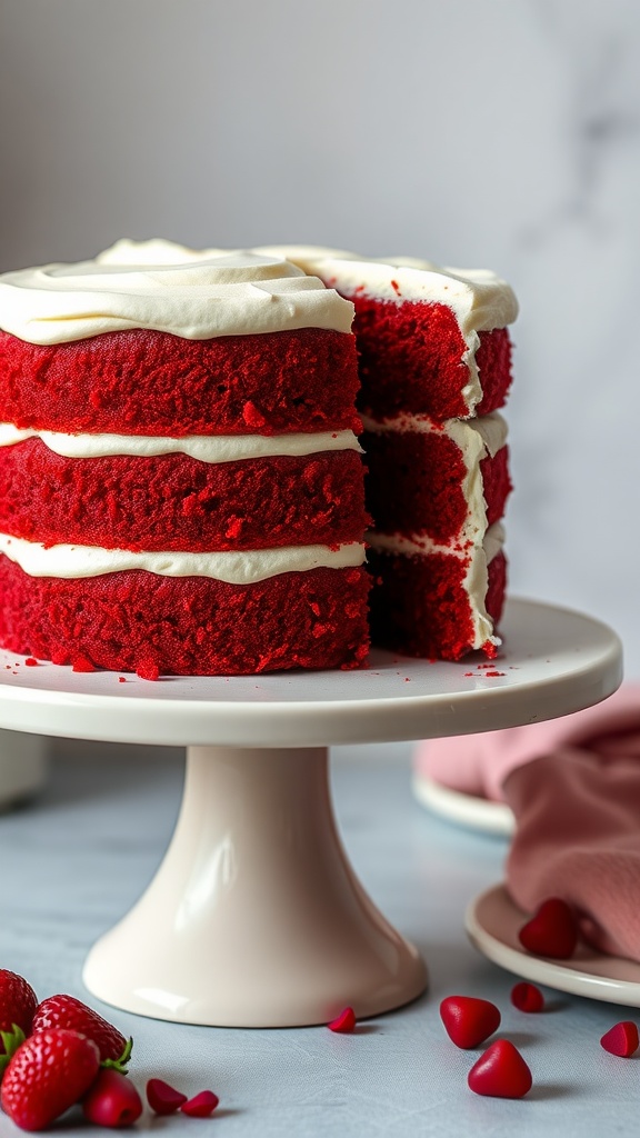 A beautifully layered red velvet cake with cream cheese frosting.