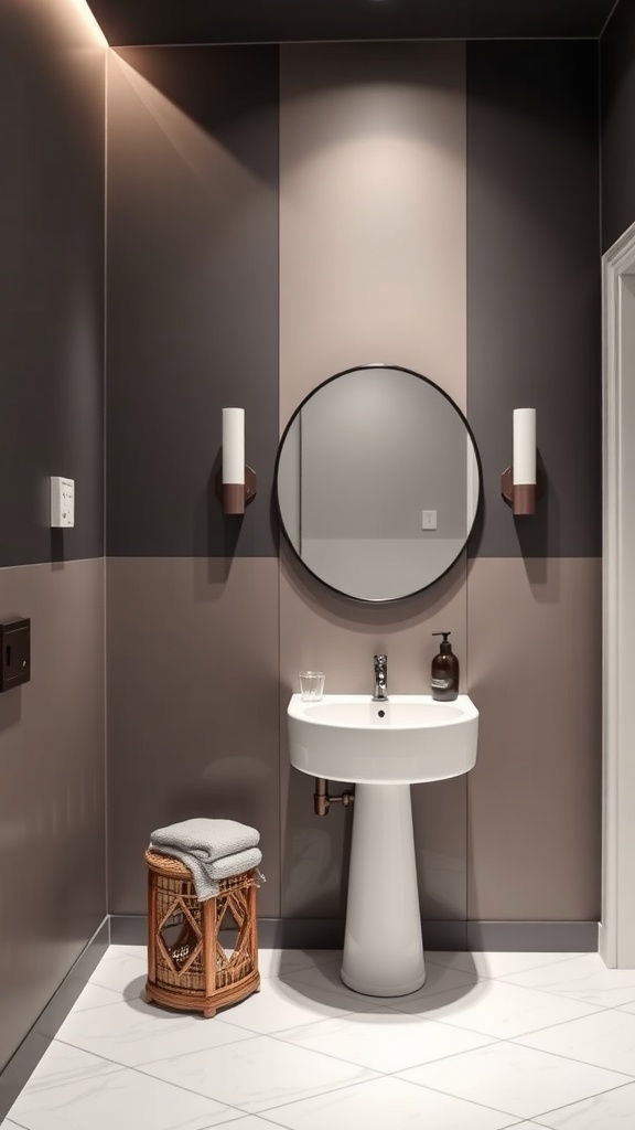 A stylish guest bathroom with monochromatic wallpaper in shades of gray and beige, featuring a round mirror, sleek sink, and wicker stool.