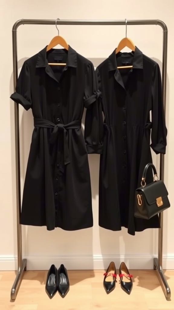 Two black shirt dresses on hangers with shoes and a handbag