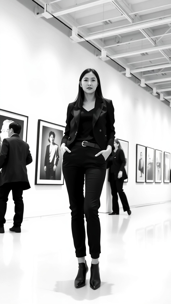 A woman in a black blazer and trousers stands confidently in an art gallery, showcasing a monochrome outfit.
