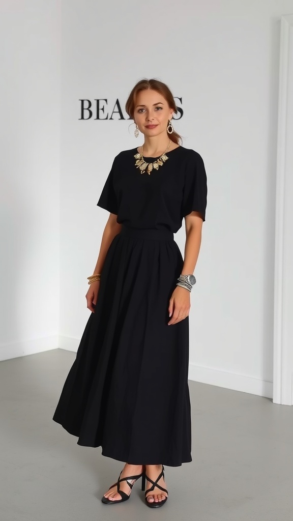 A woman wearing a black midi skirt and matching black top, accessorized with a statement necklace and sandals.